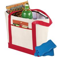 Shoppartners draag Koeltas - hengsels - naturel/rood - met 4x koelelementen van 200 ml