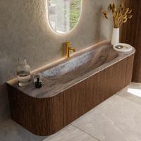 Badmeubel Mondiaz Kurve-Dlux | 150 cm | Meubelkleur Walnut | Wastafelkleur Oza | Solid surface | Wasbak midden spoelbak | 1 kraangat