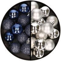 36x stuks kunststof kerstballen donkerblauw en zilver 3 en 4 cm - thumbnail