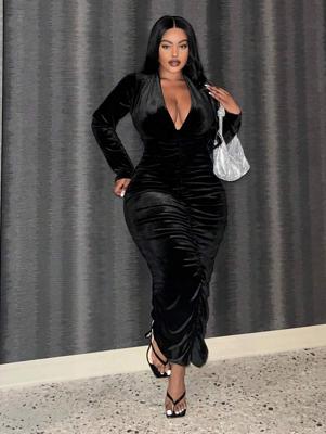 Bon&Bon Black Ruched Bodycon Dress - Deep V-Neck Midi Dress Black / 0XL