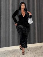 Bon&Bon Black Ruched Bodycon Dress - Deep V-Neck Midi Dress Black / 0XL