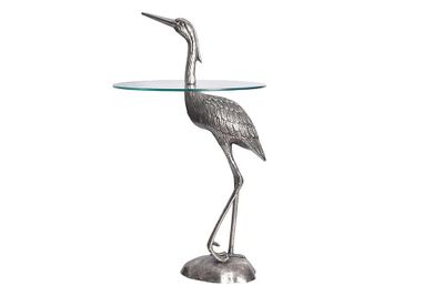 Ronde bijzettafel WILDLIFE HERON 90cm zilveren metalen glazen reigersculptuur handgemaakt - 43514