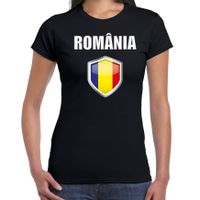 Roemenie landen supporter t-shirt met Roemeense vlag schild zwart dames