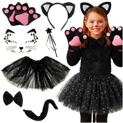 Katten kostuum - 7 delig - zwart/roze- polyester - carnaval - halloween - kinderen - meisjes Katten kostuum - 7 delig - zwart/roze- polyester - carnaval - halloween - kinderen - meisjes