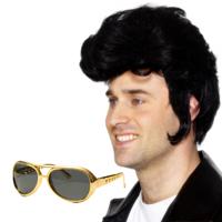 Rock and Roll ster Elvis verkleed set - herenpruik zwart met kuif - en bril goud montuur