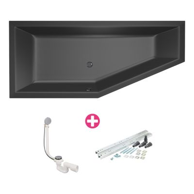 Ruimtebesparend bad Xenz Society compact | Links | 170x75 cm | Incl.Badafvoer | Met overloop | Acryl | Zwart mat