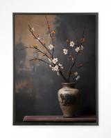 Urban Cotton Wandkleed 'Dark Blossom Vase' 80 x 110cm in Floating Frame - black