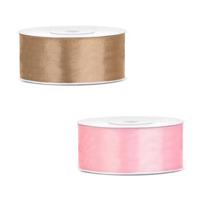 Bellatio decorations 2x rollen satijn cadeaulint/sierlint - 2.5 cm x 25 meter - roze en goud