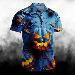 Halloween Pompoen Grijns Casual Donkere Voor heren Overhemd Overhemd met knopen Korte mouw Feest / Avond Zomer Strijkijzer Overhemden met kraag Dichtknopen 3D-afdrukken Dun blauw Paars Polyester Lightinthebox