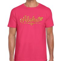 Aloha gouden glitter hawaii t-shirt roze heren - thumbnail