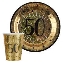 Verjaardag feest bekertjes en bordjes leeftijd - 20x - 50 jaar - goud - karton - Feestpakketten