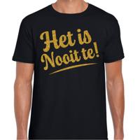 Verkleed T-shirt heren - Het is Nooit te! - zwart - glitter goud - foute party