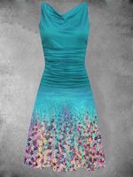 Blue Floral Printed Cowl Neck Daily Casual Sleeveless Weaving Dress - thumbnail