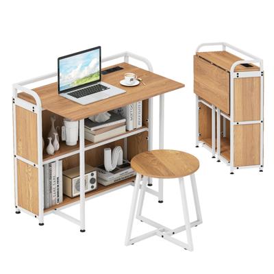 Opvouwbaar Bureau met Kruk Draagbare Bureau en Kruk Set met Opbergplanken AC Stopcontacten USB & Type-C Poorten Natuur
