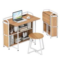 Opvouwbaar Bureau met Kruk Draagbare Bureau en Kruk Set met Opbergplanken AC Stopcontacten USB & Type-C Poorten Natuur