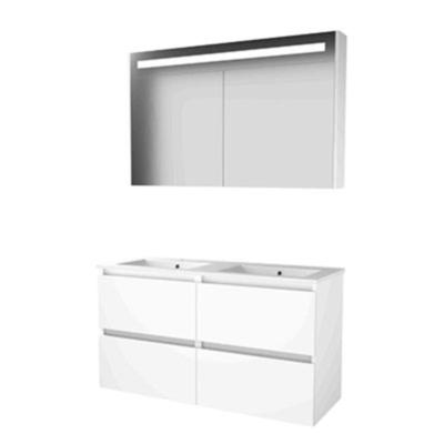 Basic-Line Premium 46 Badkamermeubelset - 120 x 46 cm - Greeploos - 4 Lades - Keramische Wastafel - 2 Kraangaten - Spiegelkast met LED Verlichting - Ice White