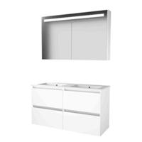 Basic-Line Premium 46 Badkamermeubelset - 120 x 46 cm - Greeploos - 4 Lades - Keramische Wastafel - 2 Kraangaten - Spiegelkast met LED Verlichting - Ice White