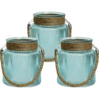 Windlicht/lantaarn met relief - 3x stuks - glas - D14 x H16 cm - lichtblauw