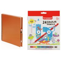 Oranje schetsboek/tekenboek met 24 kleurpotloden   - - thumbnail