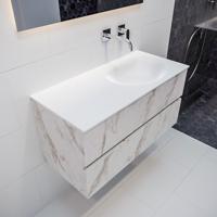 Mondiaz Vica Moon badmeubel wit carrara mat 100 cm 2 lades solid surface enkele spoelbak rechts zonder kraangat - thumbnail