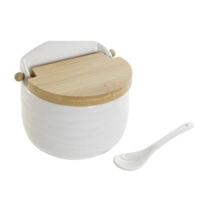 Suikerpotje met lepeltje - wit - porselein - bamboe houten deksel - 9 x 11 cm