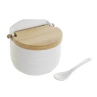 Suikerpotje met lepeltje - wit - porselein - bamboe houten deksel - 9 x 11 cm