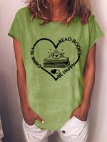 Women's Book Lover Drink Tea Read Books Be Happy Cotton-Blend Loose Casual T-Shirt - thumbnail