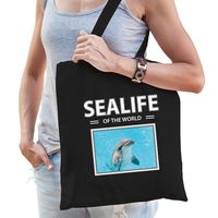 Katoenen tasje dolfijnen zwart - sealife of the world dolfijn cadeau tas - thumbnail