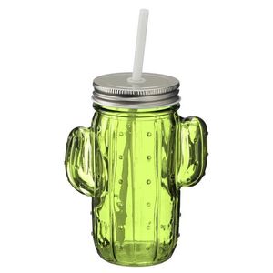 Glazen cactus drinkglas met deksel en rietje 350ml lichtgroen - 2 stuks