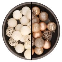 Kerstballen - 74x stuks - wol wit en lichtbruin - 6 cm - kunststof - Kerstbal