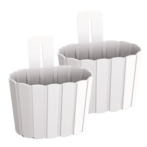 Set van 2x stuks wood-look muur plantenpot/bloempot kunststof dia 20 cm/hoogte 15 cm parel wit