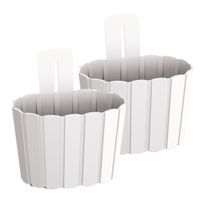 Set van 2x stuks wood-look muur plantenpot/bloempot kunststof dia 20 cm/hoogte 15 cm parel wit - thumbnail