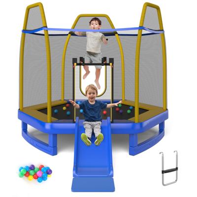 φ 223 cm Tuintrampoline met Glijbaan Trampoline Buiten tot 270 kg Kindertrampoline met Ladder Veiligheidsnet en Oceaanballen Blauw