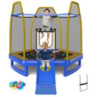 φ 223 cm Tuintrampoline met Glijbaan Trampoline Buiten tot 270 kg Kindertrampoline met Ladder Veiligheidsnet en Oceaanballen Blauw