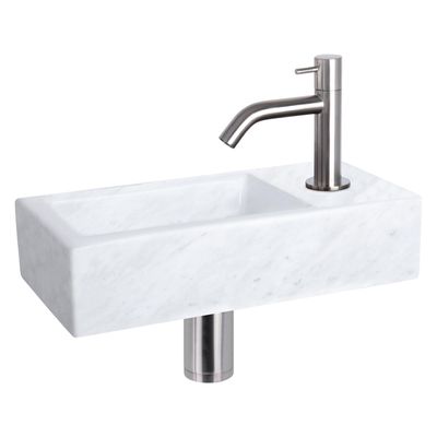 Differnz Helios fonteinset - 37.5x18.5x9.5cm - Rechthoek - 1 kraangat - Gebogen matte chromen kraan - Mineraalsteen Marmer 38.401.34