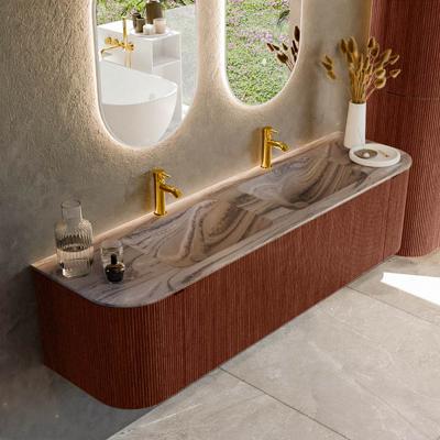 Badmeubel Mondiaz Kurve-Dlux | 170 cm | Meubelkleur Ruby | Wastafelkleur Sombra | Solid surface | Wasbak beide zijden spoelbak | 2 kraangaten