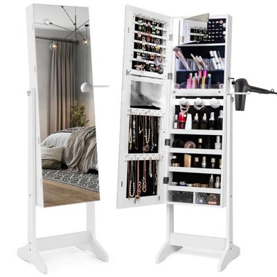 Staand Juwelenkabinet met Spiegel Over de Hele Lengte LED 3 Kleuren Afsluitbaar Binnenspiegel met Haardrogerhouder en Acrylvakjes Wit