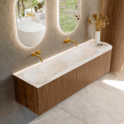Mondiaz KURVE-DLUX 165 cm Onderkast Greeploos 2 Lades Met Deuren Walnut, Wastafel Solid Surface Links Frappe 0 Kraangaten Zonder Spiegel (KRVSTS165R2L1D0KD-Wal/Fra)