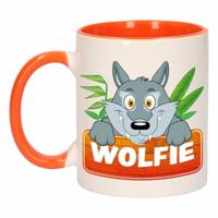 Kinder wolven mok / beker Wolfie oranje / wit 300 ml