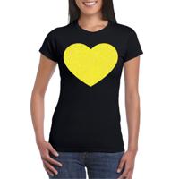 Verkleed T-shirt voor dames - hartje - zwart - geel glitter - carnaval/themafeest