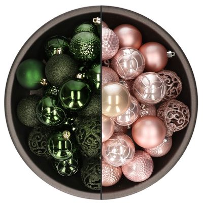 74x stuks kunststof kerstballen mix van lichtroze en donkergroen 6 cm
