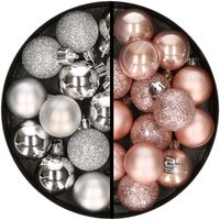 34x stuks kunststof kerstballen zilver en lichtroze 3 cm - thumbnail