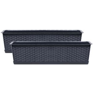 Kunststof plantenbak/bloembak Ratolla - 2x - rotan look - antraciet grijs - 40 x 17 x 15 cm