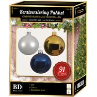 Witte/gouden/donkerblauwe kerstballen pakket 91-delig voor 150 cm boom   - - thumbnail