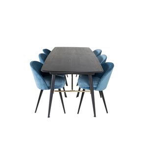 Gold eethoek eetkamertafel uitschuifbare tafel lengte cm 180 / 220 zwart en 6 Velvet eetkamerstal velours blauw, zwart.