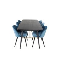 Gold eethoek eetkamertafel uitschuifbare tafel lengte cm 180 / 220 zwart en 6 Velvet eetkamerstal velours blauw, zwart.