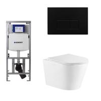 QeramiQ Dely Toiletset - 36.3x51.7cm - diepspoel - rimless - Geberit UP320 Burda inbouwreservoir - softclose toiletzitting - mat zwarte bedieningsplaat - rechtehoekige knoppen - wit glans SW543431/0701131/SW706193