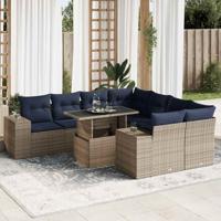 9-delige Loungeset met kussens poly rattan acacia grijs