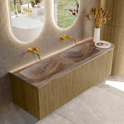 Badmeubel Mondiaz Kurve-Dlux | 145 cm | Meubelkleur Dusk | Wastafelkleur Oza | Solid surface | Dubbel / Links spoelbak | Zonder kraangat(en)