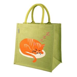 Groene Jute Tas met Slapende Kat